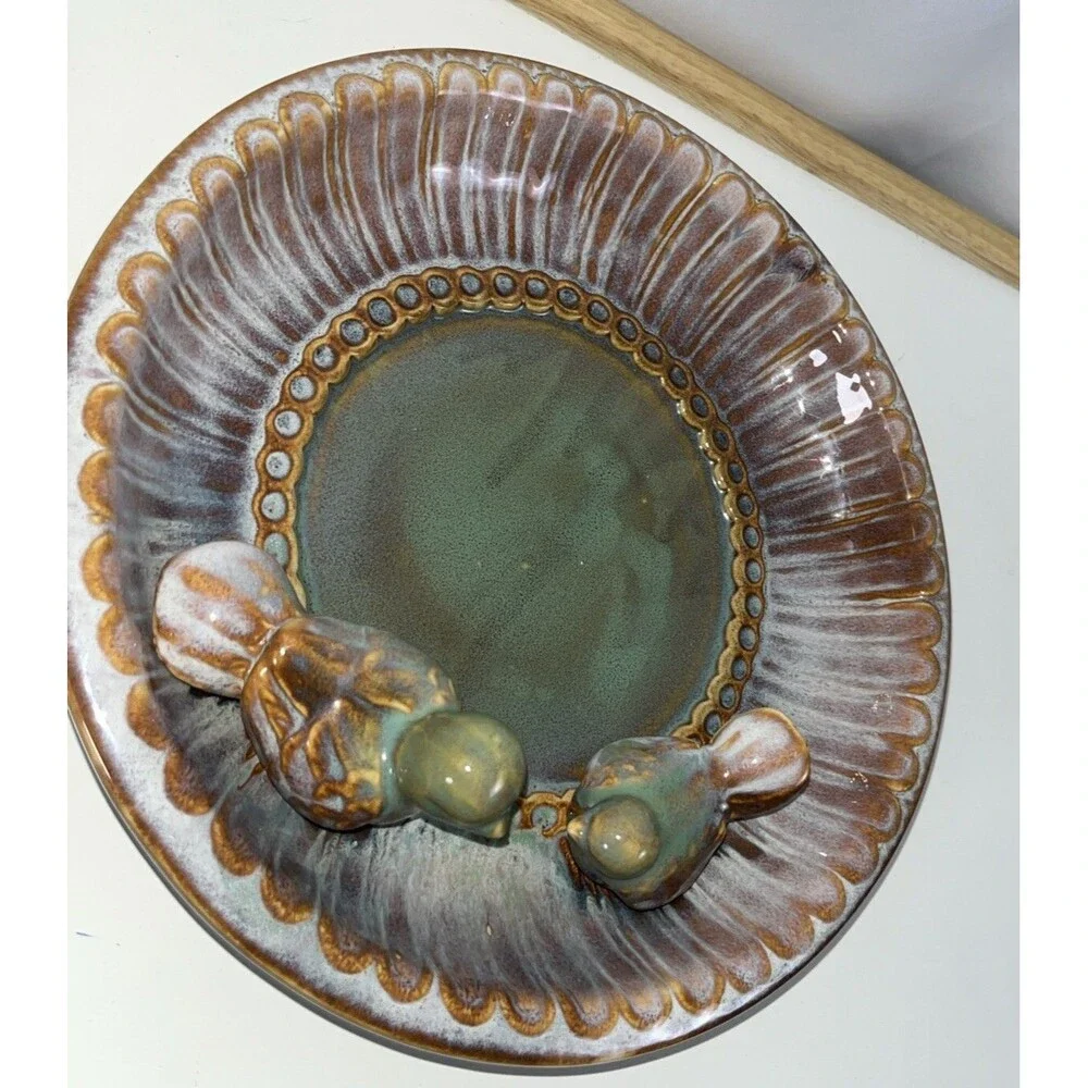 Tii Vintage Studio art Pottery Bowl With Birds Mid-century Modern 1970 Glaze